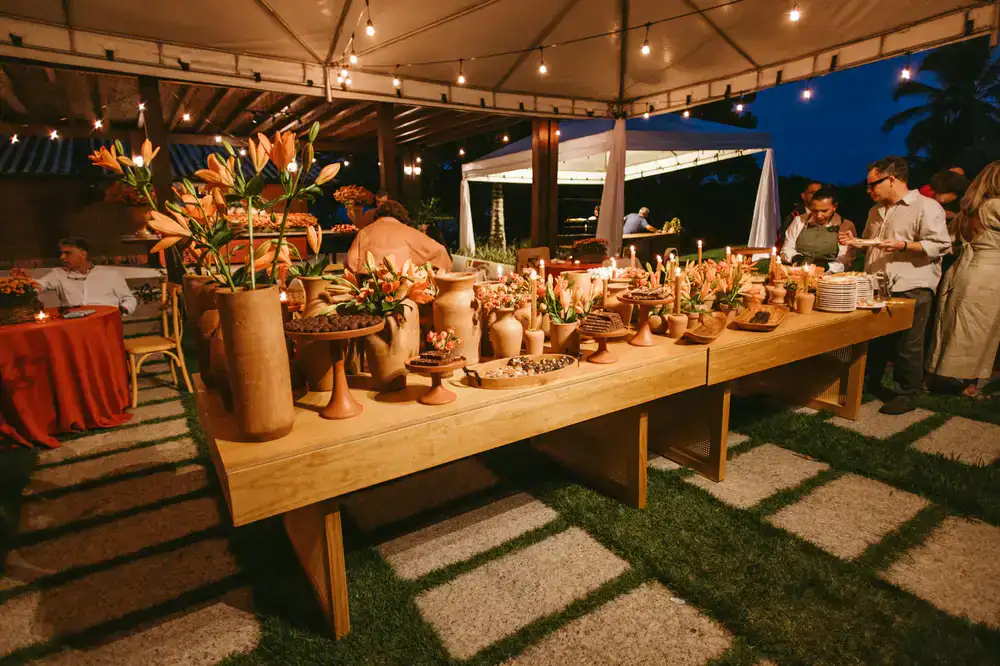 Candid photograph of guests at a wedding welcome dinner