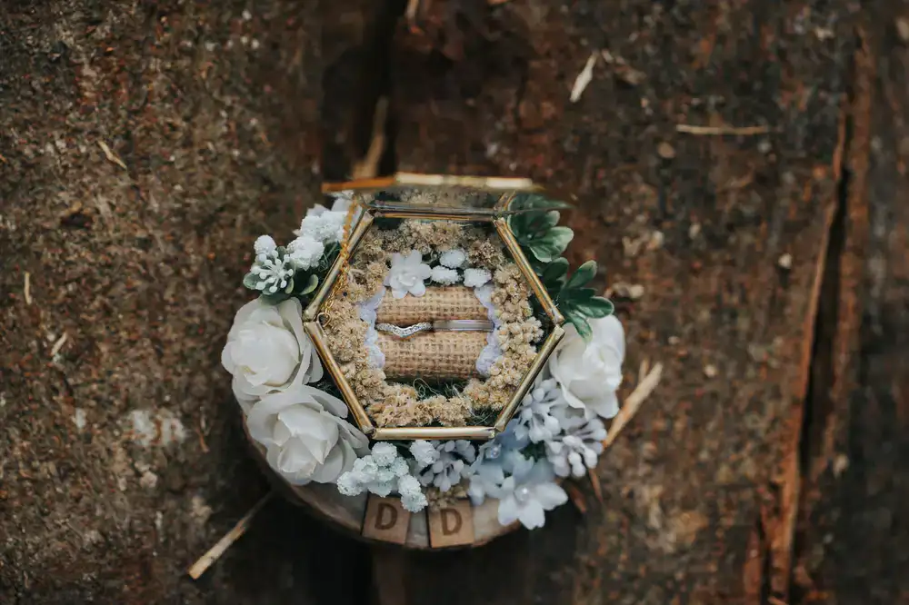 Close up of wedding rings and flowers
